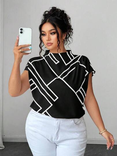 Elenzga Plus Size Women's Summer Geometric Irregular Striped Vacation Style Mandarin Collar Sleeveless Gathered Shoulder Loose Casual Shirt