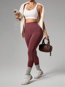 Gameset SHEIN Sport Leggings sin costuras de cintura alta para uso diario y fitness de mujeres - Burdeos - Ver 4