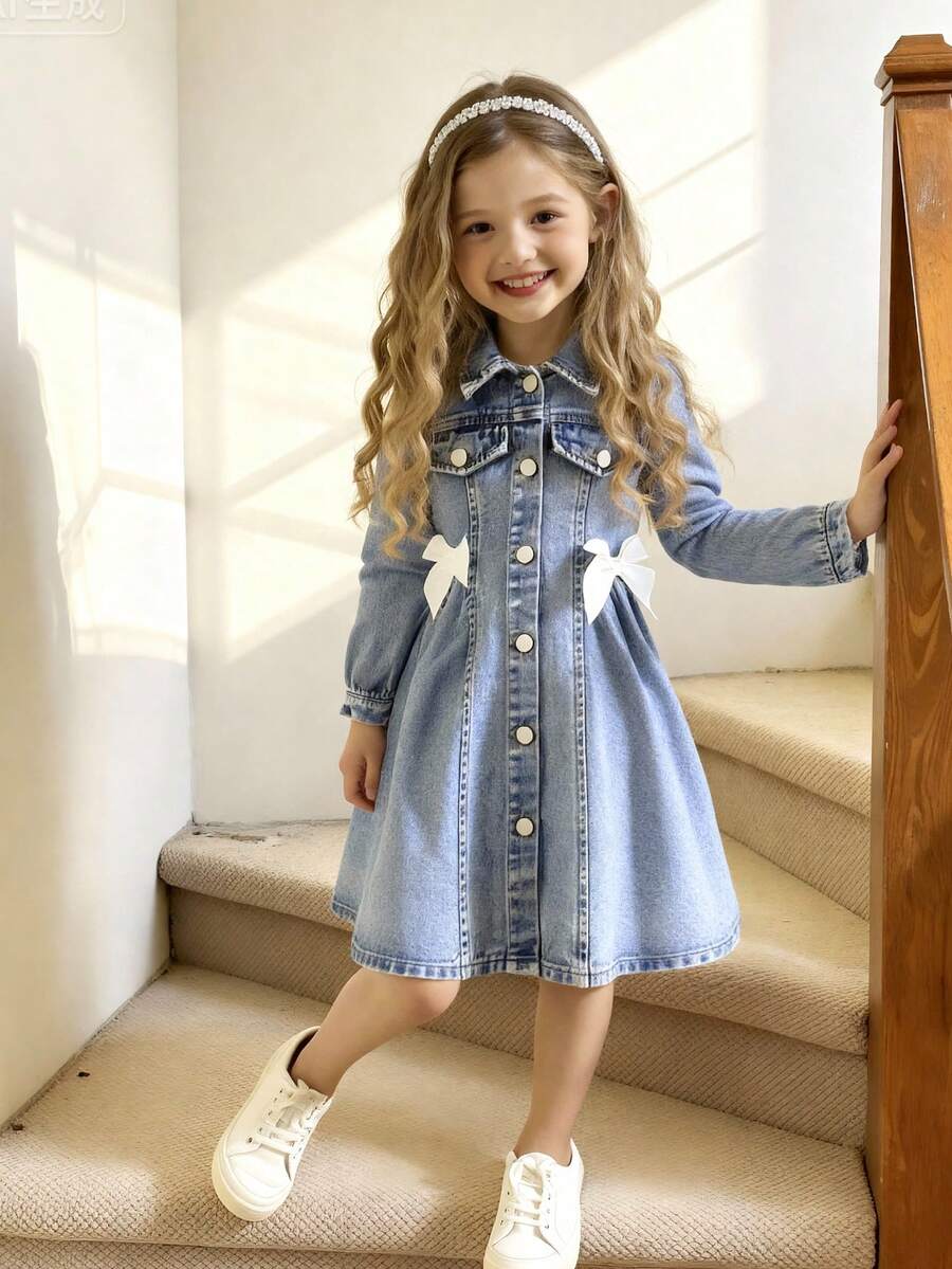 Elladie kids Young Girls' Denim Long Sleeve Dress, Sweet & Cute Casual Vacation Style, College Style Recommended. Denim Washed Light Blue, Handmade White Bow Decor On Front, Collar Design, Fitted Silhouette , Puff Sleeves Sweet & Playful, Suitable For Daily Wear, Beach Vacation Strolling, Or Gathering With Friends, Daily College Style, Making Your Little One Shine In The Crowd, A Must-Have Outfit For Spring And Autumn Seasons Fall Winter