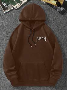 Manfinity EMRG Men's Casual Angel Letter Print Long Sleeve Hoodie Sweatshirt, Autumn/Winter Street Wear Brown Hoodie, Thermal Lined - Coffee Brown - View 2