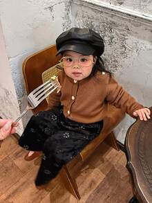 DAZY Toddler Girls' Velvet Loose Fit Floral Print Pants, Autumn/Winter - Black - View 4