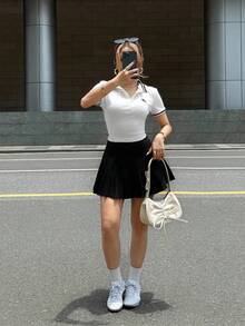 SHEIN 2pcs/Set Teen Girl Casual Simple Comfortable Polo Collar T-Shirt & Pleated Mini Skirt Suit