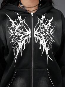 Bloopia 复古摇滚叛逆甜美酷女孩风格时尚优雅百搭女款秋冬新款哥特兔耳印花宽松休闲连帽长袖卫衣外套