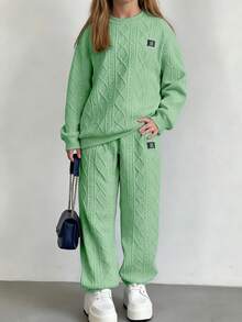 SHEIN 2件套 大童休闲标语贴花图案提花编织格纹纹理面料圆领卫衣和运动裤，秋冬季 - 綠色 - 查看 3