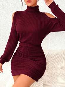 INAWLY Women's Solid Color High Neck Off Shoulder Long Sleeve Ruched Ribbed Fashionable Mini Dress - Burgundy - View 3