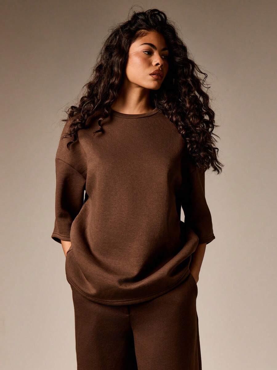 AiiRZ 落肩宽松卫衣，七分袖，休闲居家服 - 咖啡棕 - 查看 1