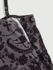 ROMWE Robe imprimée de rose gothique mystérieuse, croix, chat, lune et étoile, grande taille