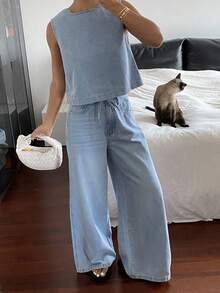 Livesso Conjunto de top de manga corta de cuello redondo y jeans de corte holgado para mujer - Azul - Ver 3