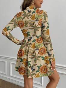 Glamance Studio Sense Elegant Casual Minimalist Party Dress For Women, Suitable For Autumn/Winter, Christmas, New Year Sleeved Floral Dress Flower Print Dress Long Sleeve Floral Dress Floral Dress Women Elegant Dresses For Women Long Sleeve Autumn Dress Floral Print Dress - Multicolor - View 2