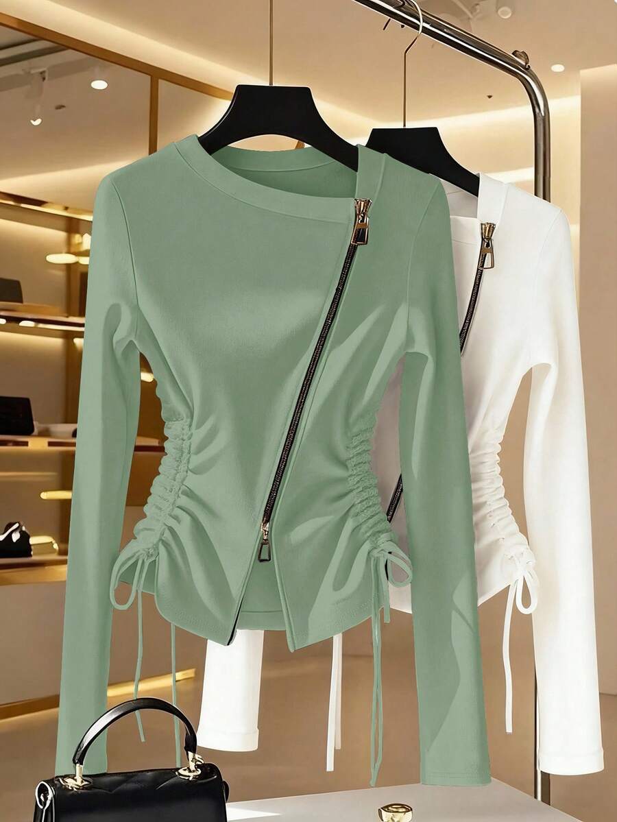 Franclia 时尚法式风情侧边收腰不对称领金属拉链白色女士长袖T恤，春秋季 - 綠色 - 查看 1