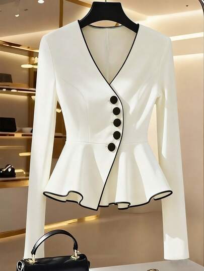 Franclia Camisa elegante y de moda para mujer, blanca con ribete negro, cintura ceñida, camisa de manga larga con bloques de color negro y blanco, adecuada para uso diario, citas y viajes