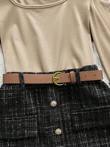 Franclia 百搭通勤休闲方领褶皱长袖弹力针织收腰修身粗花呢格子 A 字裙短裙女两件套，秋冬 - 卡其色 - 查看 6