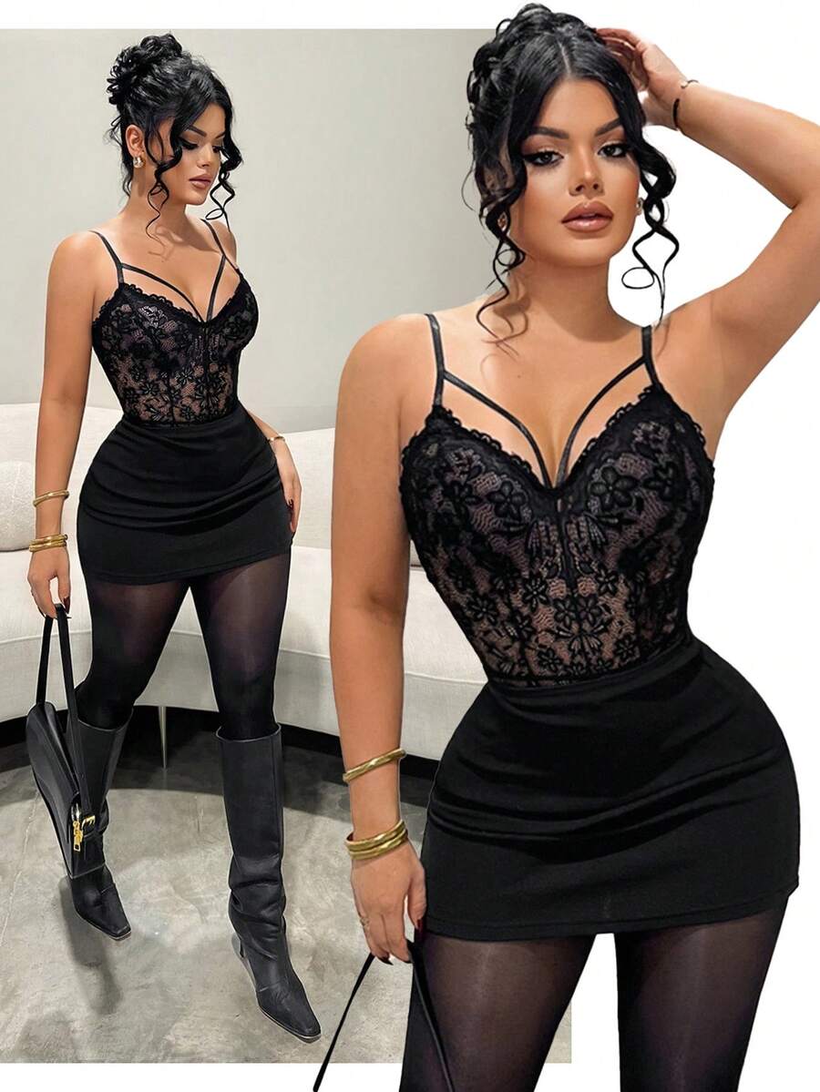 SHEIN SXY 时尚黑色蕾丝吊带性感透视连体衣 - 黑色 - 查看 1