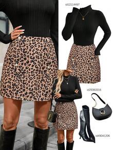 EMERY ROSE Minifalda ajustada de cintura alta con estampado de leopardo vintage, decoración de perlas, que estiliza la figura, versátil y casual para invierno - Marrón - Ver 1