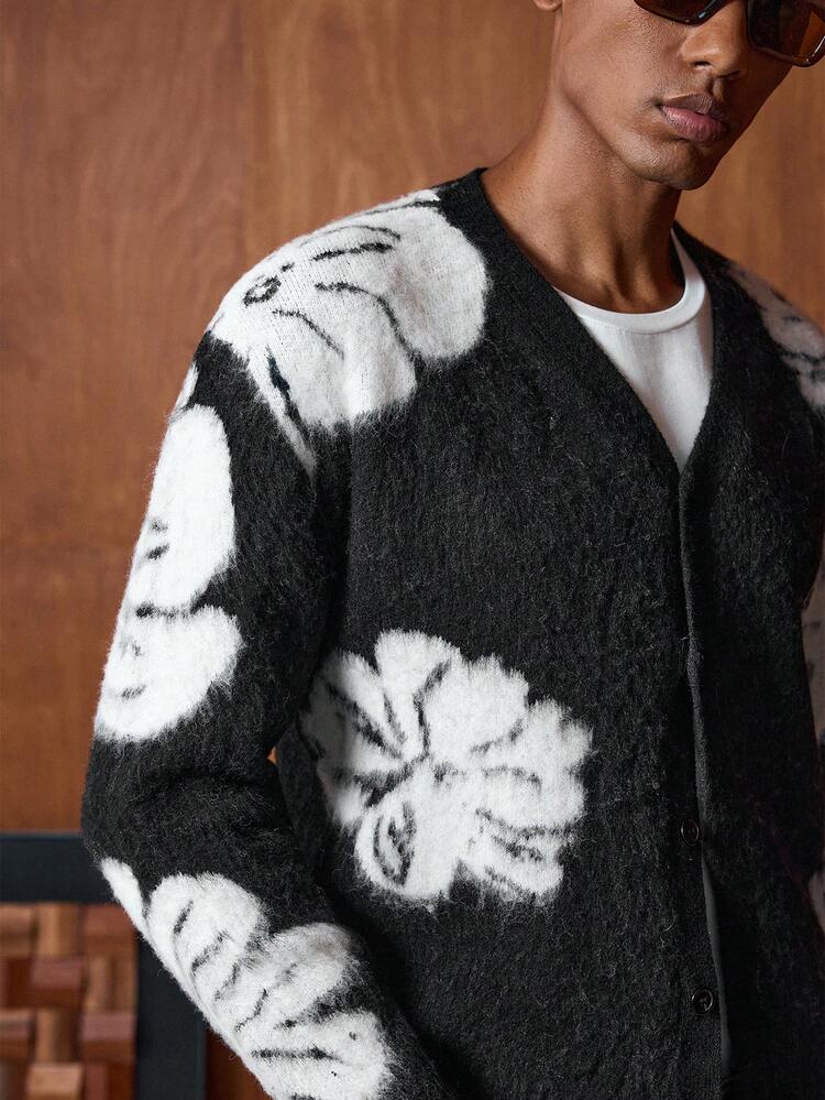 Men's Floral Jacquard Long Sleeve Single-Breasted Knit Cardigan, Autumn/Winter