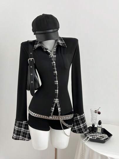 Elamini Casual Versatile Collared Plaid Patchwork Detachable Cuff Long Sleeve T-Shirt, Autumn/Winter