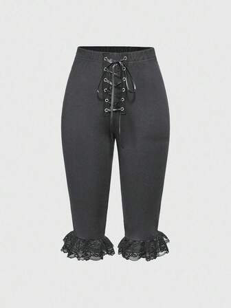 Kawaii Damen Basic Y2K Millennium Stil Spitze Patchwork Binden Caprihose