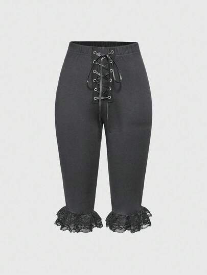 Kawaii Pantalones capri de mujer con parches de encaje y cordones, estilo básico Y2K del milenio