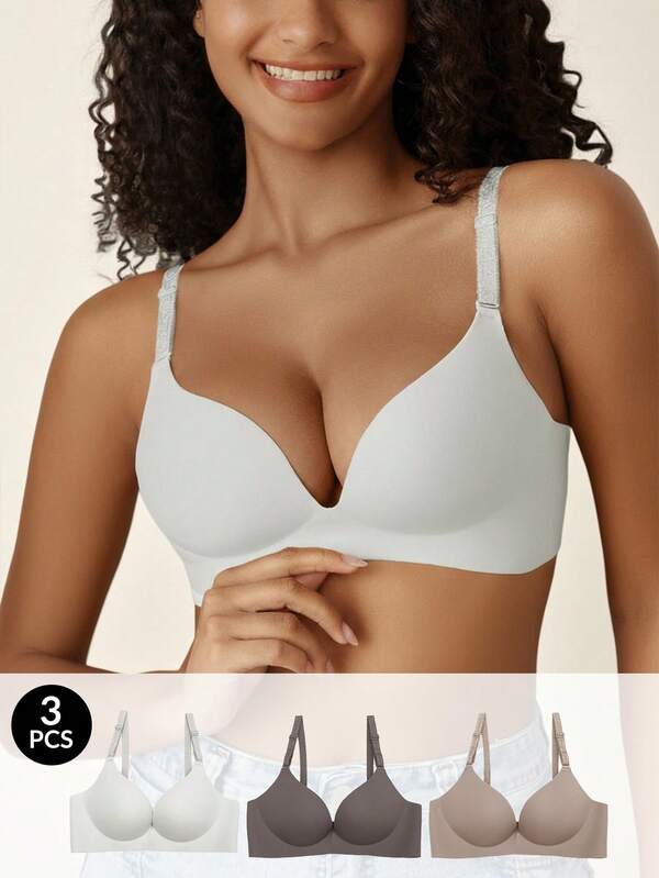 Snug Zone 3pcs Ladies' Solid Color Simple & Comfortable Bra Underwear