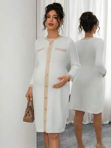 SHEIN Women's Fitted Maternity Sweater Dress With Contrast Metal Button Design, Elegant For Dates - Multicolor - View 1