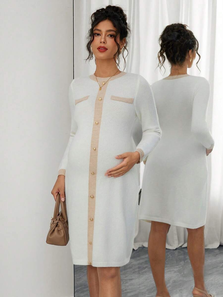 SHEIN Women's Fitted Maternity Sweater Dress With Contrast Metal Button Design, Elegant For Dates - Multicolor - View 1