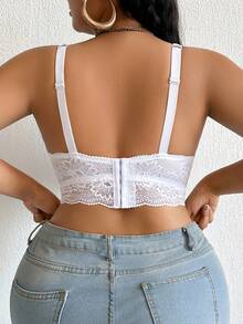 加大码女式性感优雅纯色花卉蕾丝扇贝边聚拢钢圈速干文胸内衣 - 白色 - 查看 2