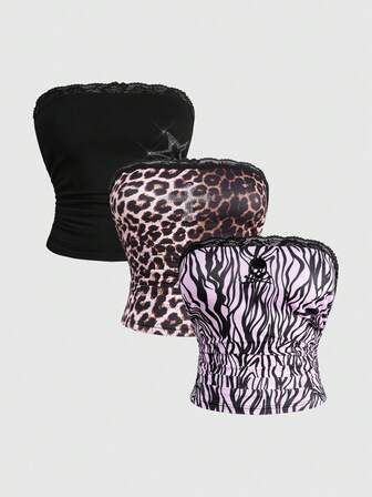 J-Fashion Ensemble de crop top style Y2K avec décoration d'étoiles, de croix, de crânes, d'imprimés animaux et de strass pour femmes