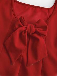 Firerie Kids Vestido de línea A rojo con cuello cuadrado elegante y lindo, con parches y gran lazo en la espalda para niñas preadolescentes - Rojo - Ver 3