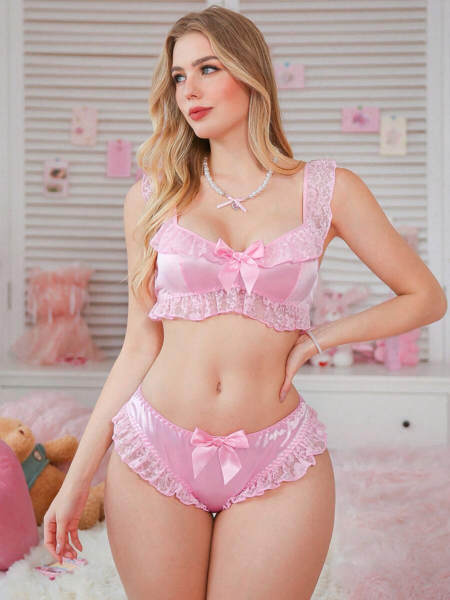 PetitDoll 2件套 3/4 杯缎面花卉蕾丝荷叶边蝴蝶结可爱洛丽塔粉色音乐节派对女士内衣套装 - 粉色 - 查看 1