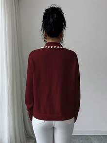 SHEIN Elenzya Aniusta 女士秋冬休闲上衣，适合度假、独立日、劳动节、哥伦布日、感恩节、情人节、复古风、斯德哥尔摩风、哥德堡风、韩式风格，优雅百搭，学生、教师、办公穿着皆宜，精致时尚，黑色串珠领针织衫 - 紅木色 - 查看 2