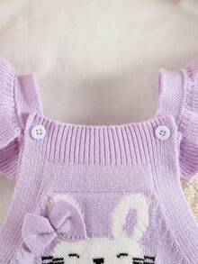 SHEIN 女婴卡通提花针织连体裤，带背带，可爱毛茸茸的兔耳朵，短袖，秋/春季款 - 紫色 - 查看 3