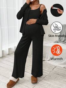 SHEIN 3pcs Maternity Set: Casual Solid Color Camisole, Long Sleeve Jacket, And Pants Maternity Clothes Two Piece Suits Comfortable Two Piece Set 2 Piece Lounge Sets Woman Two Piece Set Women Comfy Maternity Jumpsuits For Woman Maternity Lounge Sets Maternity Pajamas Set - Black - View 1