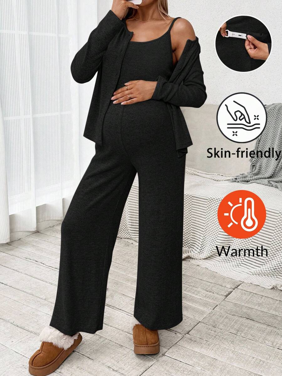SHEIN 3pcs Maternity Set: Casual Solid Color Camisole, Long Sleeve Jacket, And Pants Maternity Clothes Two Piece Suits Comfortable Two Piece Set 2 Piece Lounge Sets Woman Two Piece Set Women Comfy Maternity Jumpsuits For Woman Maternity Lounge Sets Maternity Pajamas Set - Black - View 1