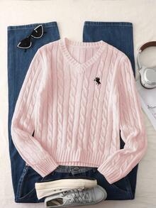 SHEIN 1 قطعة كنزة صوفية نسائية كلاسيكية محبوكة بالكابل، بياقة على شكل حرف V، بتصميم نحيف وأكمام طويلة وسمك منتظم، مزينة بتطريز حصان أسود، مريحة ومتعددة الاستخدامات للربيع/الخريف، للارتداء اليومي العادي - وردي - مشاهدة 5