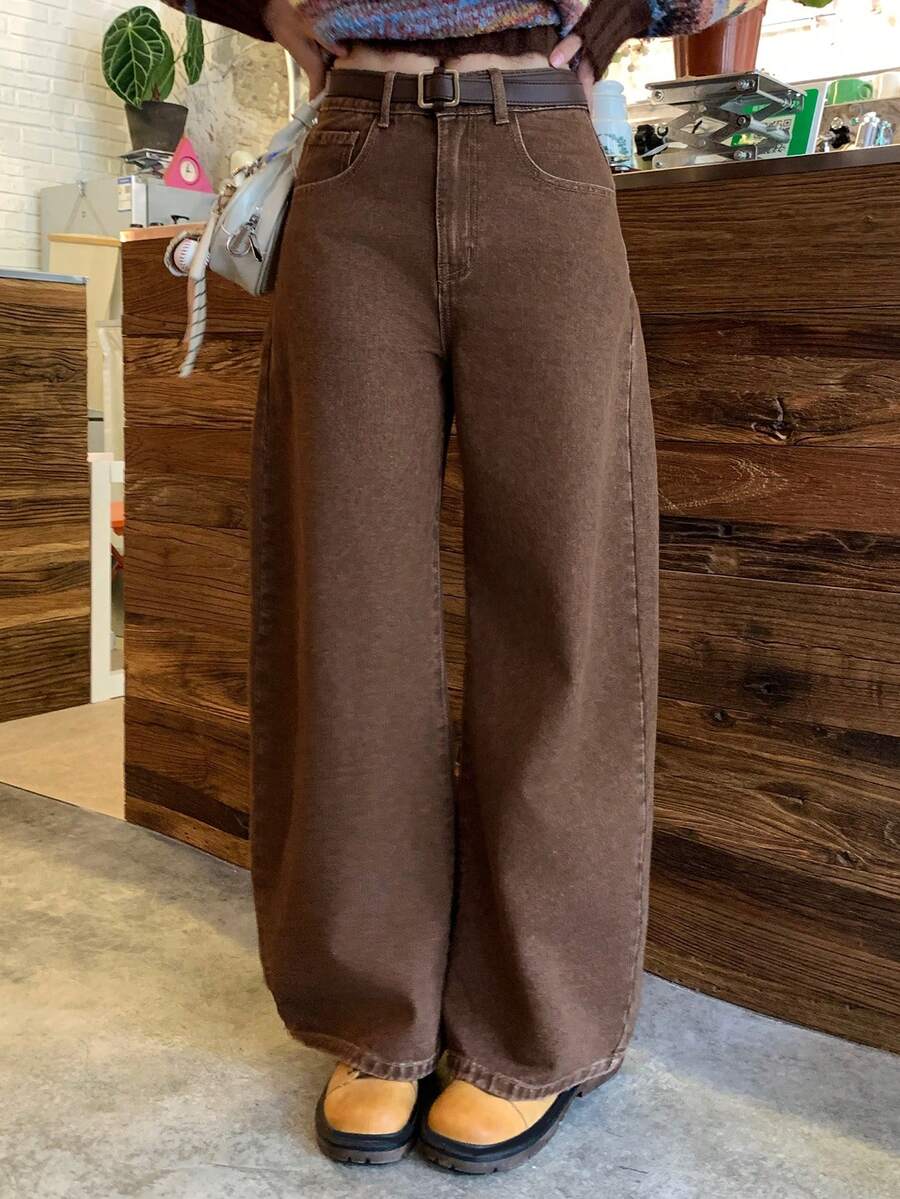 DAZY Women's Regular Waistline Decorative Loose Banana Pants, Casual City Jeans - Brown - View 1