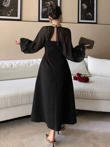 DAZY Women's Elegant 2 Pieces Set: Beaded Collar Mesh Blouse And Long Slip Dress - Black - View 4