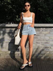 DAZY 女士夏季低腰水钻装饰性感休闲牛仔短裤 Y2k - 淺色水洗藍 - 查看 5