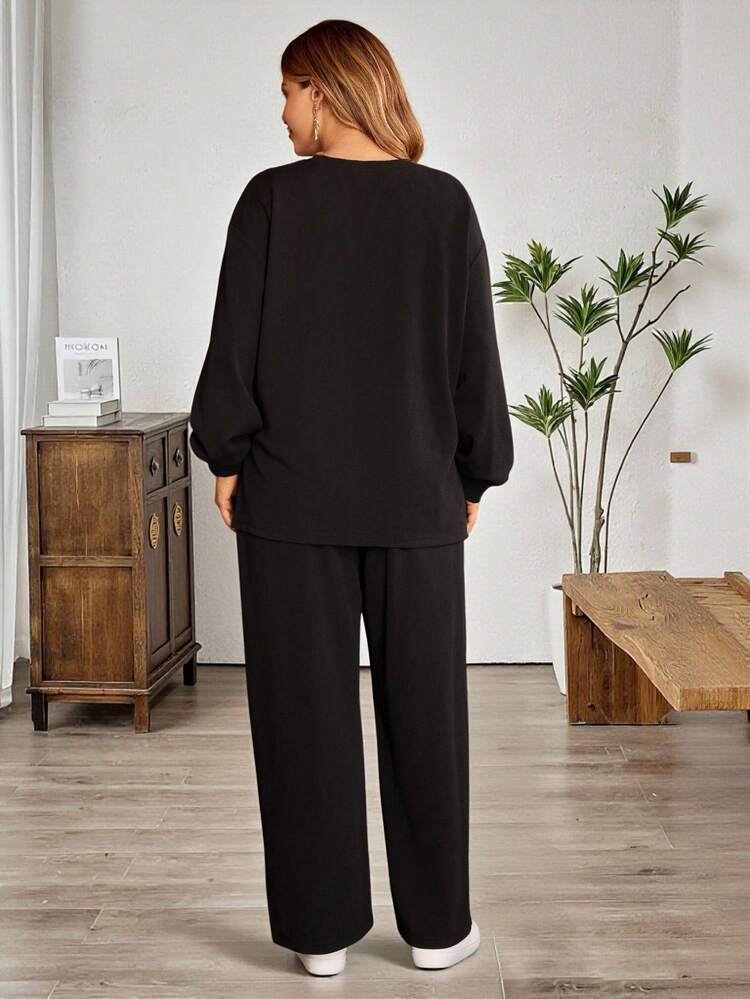 Conjunto informal de 2 piezas de camiseta de manga larga con estampado de águila y pantalones de pierna ancha para mujer de talla grande