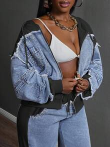 Slaydiva Plus Size Autumn Fashion Color Block Hooded Denim Jacket With Rhinestone Decor Women Jean Jackets - Blue - View 4