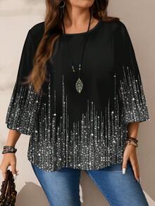 EMERY ROSE Blusa casual oversize da donna con stampa all-over, collo rotondo, maniche 3/4 morbide, adatta per autunno/inverno, top con paillettes, top scintillante, bluse eleganti da donna, bluse eleganti da donna, per Capodanno, Capodanno, top estivi, estivi per donna, top nero - Multicolore - Visualizzare 3