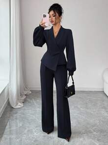 Elenzga 女士优雅休闲通勤度假下午茶聚会纯色不规则交叉领西装外套灯笼袖衬衫袖口松紧腰A字喇叭裤套装，适合春、秋、冬季穿着。 - 藏蓝色 - 查看 8