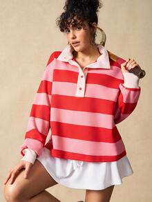 VARSIVA Women's Casual Contrast Stripe Print Polo Collar Drop Shoulder Loose Fit Sweatshirt, Spring/Autumn - Multicolor - View 9