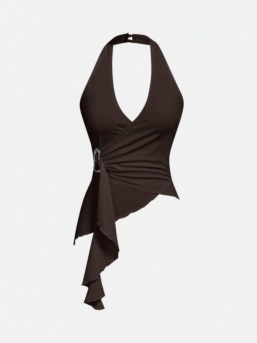 SHEIN MOD Canotta asimmetrica con fibbia metallica e collo a cravatta, stile casual - Marrone Cioccolato - Visualizzare 1
