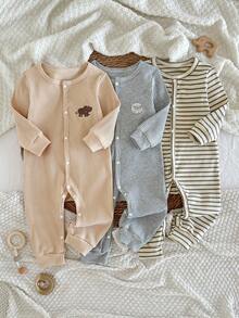 3pcs/Set Infant Boys' Ribbed Textured Ribbed Casual Cartoon Pattern Romper Outfit - Multicolor - View 1