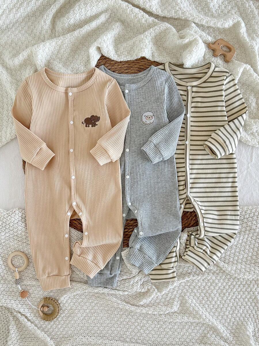 3pcs/Set Infant Boys' Ribbed Textured Ribbed Casual Cartoon Pattern Romper Outfit - Multicolor - View 1
