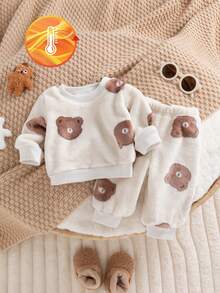 SHEIN 2件套新生儿男女宝宝休闲可爱简约时尚杏色毛绒卡通熊圆领长袖上衣和配套长裤套装，适合春秋季日常穿着