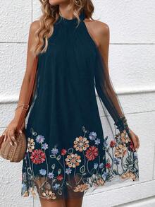 Breezaya Floral Embroidery Mesh Overlay Halter Dress Vacation Beach Outfits Women - Navy Blue - View 1