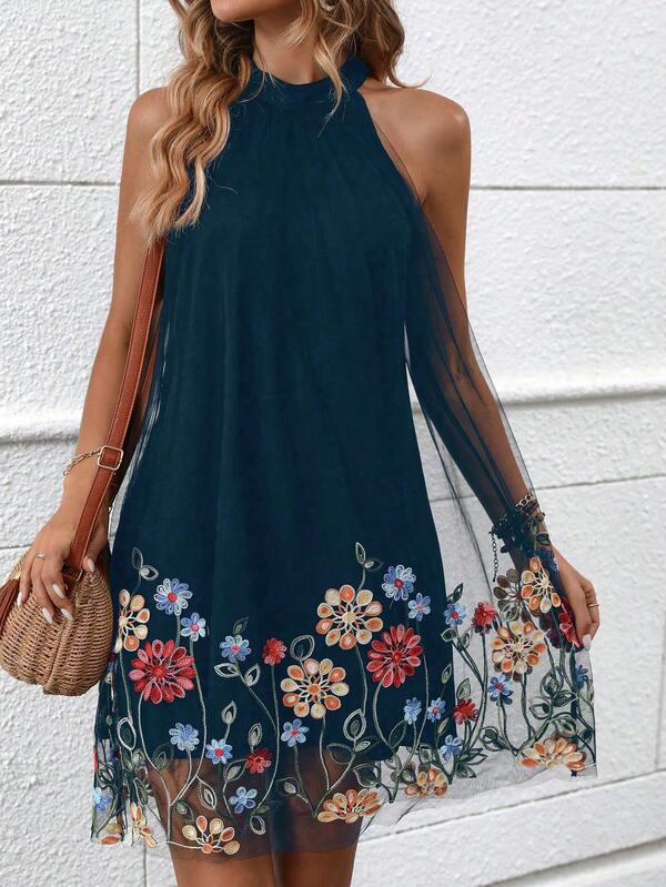Breezaya Floral Embroidery Mesh Overlay Halter Dress Vacation Beach Outfits Women