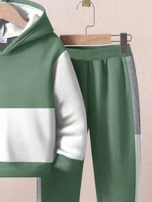 Set 2 buc. Băieți tineri, casual, la modă, clasic, cool, colorblock, patchwork, imprimare, croială lejeră, hanorac și pantaloni, potrivit pentru toamnă/iarnă - Multicolor - Vizualizare 5