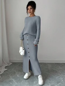 Elenzga 2pcs Women Casual Long Sleeve Top And Mini Skirt Co-Ord Set - Grey - View 3